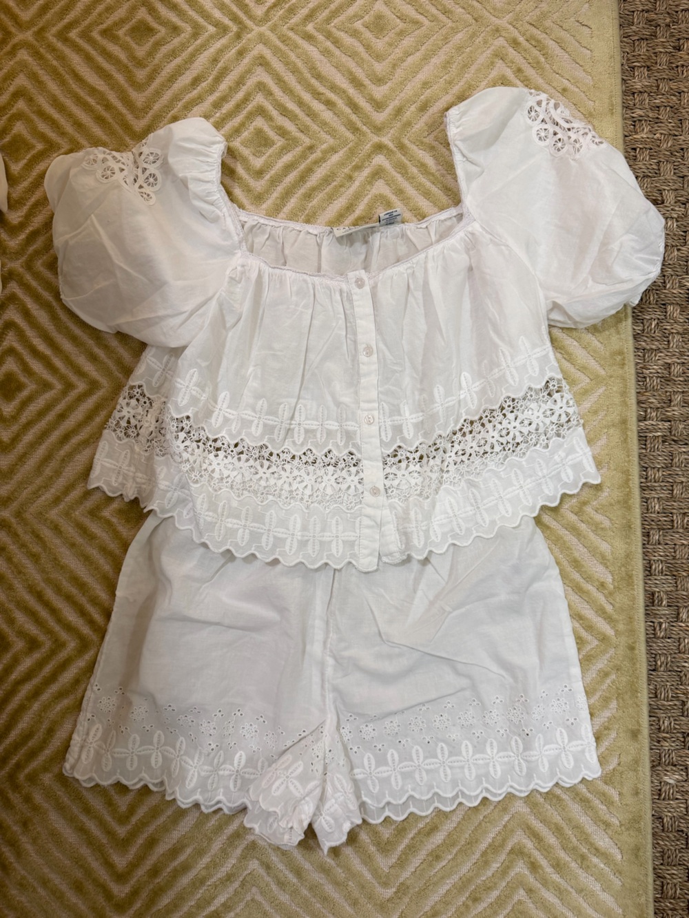 Women’s White Lace-Trim Button Front Top & Shorts